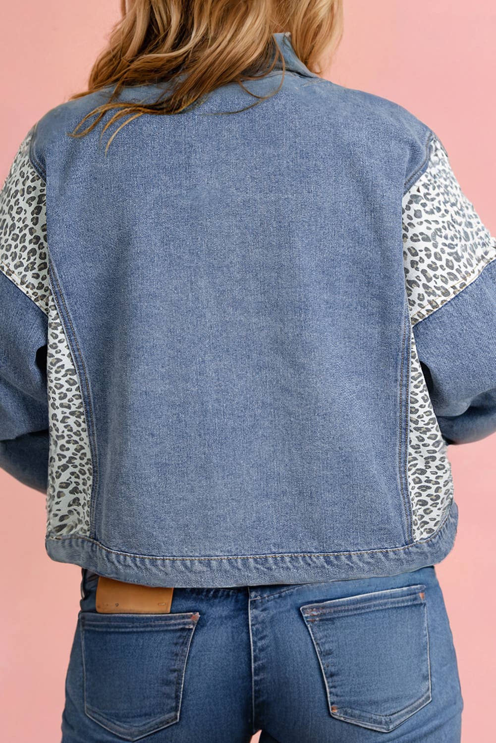 Plus Size Leopard Patchwork Flap Pocket Denim Jacket