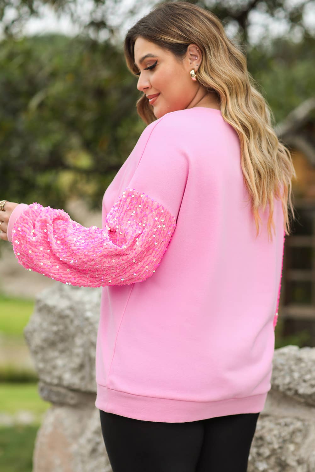 Plus Size Sequin Sleeve Drop Shoulder Sweatshirt