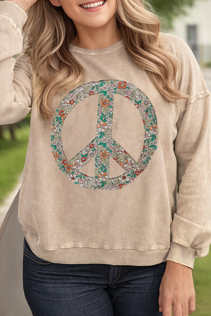 Floral Peace Sign Graphic Washed Terry Plus Size Sweatshirt