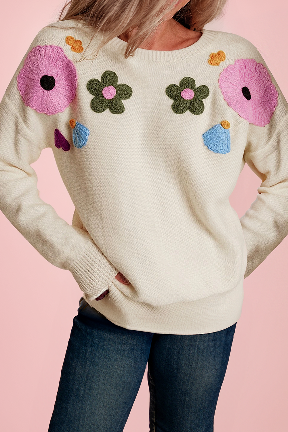 Plus Size Crochet Flower Pullover Knit Sweater