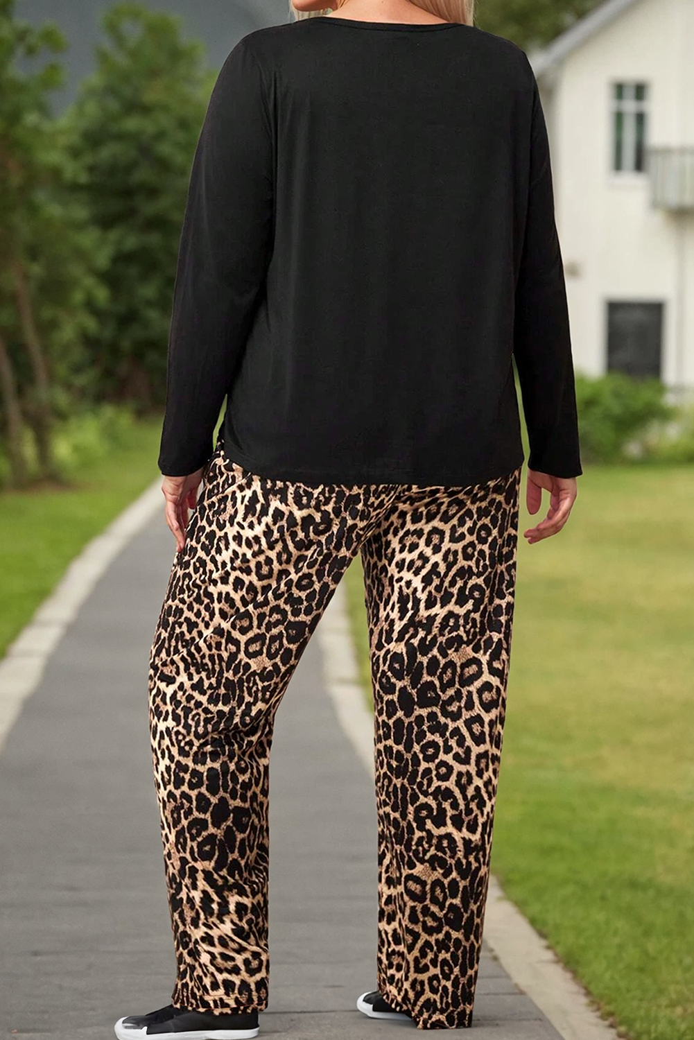 Plus Size Leopard Pocket Long Sleeve Top and Pants Set