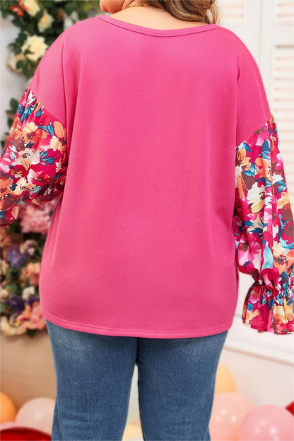 Plus Floral Patchwork Ruffled Sleeve Ribbed Knit Top