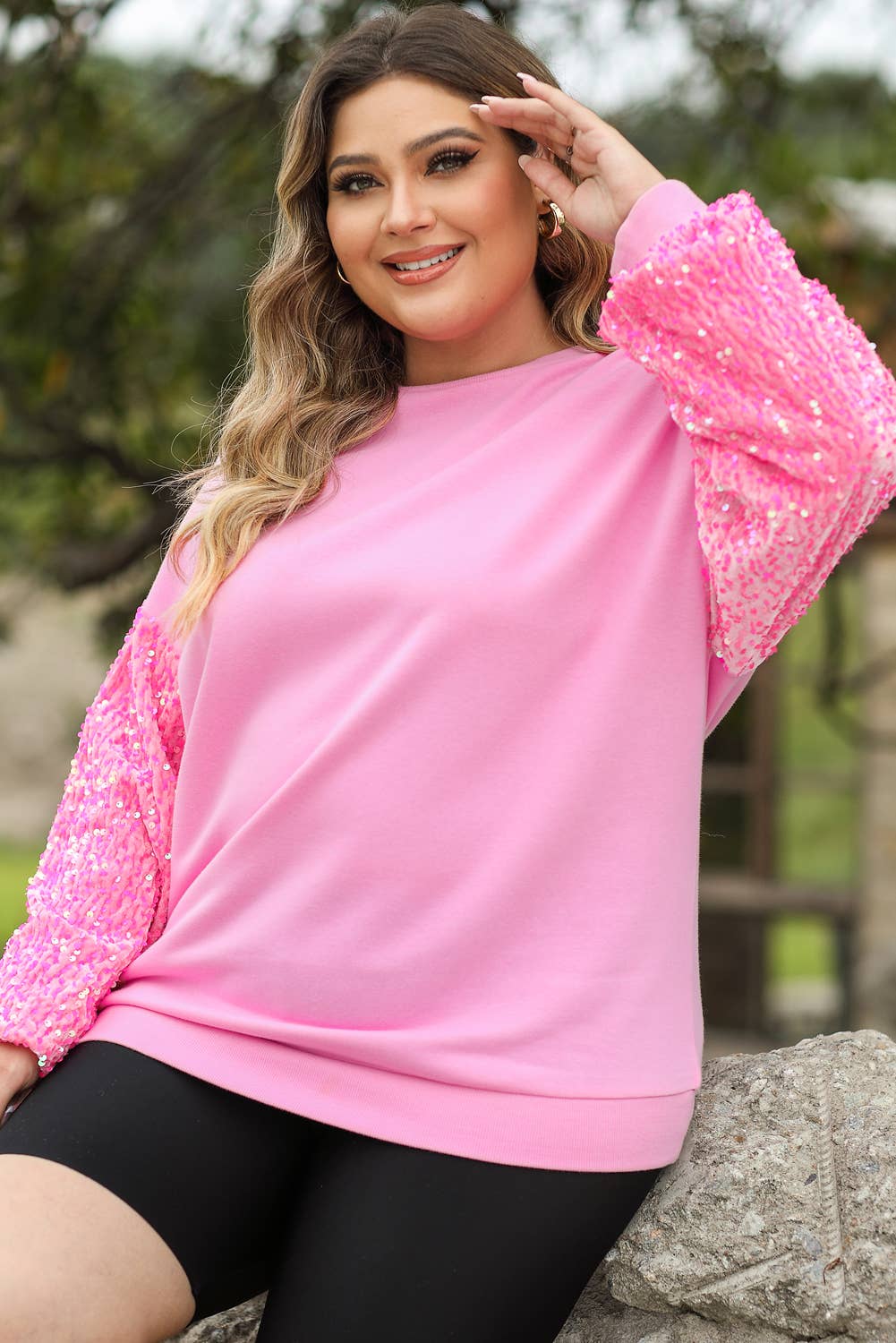 Plus Size Sequin Sleeve Drop Shoulder Sweatshirt