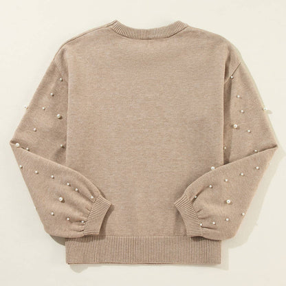 Plus Size Pearled Crew Neck Pullover Sweater