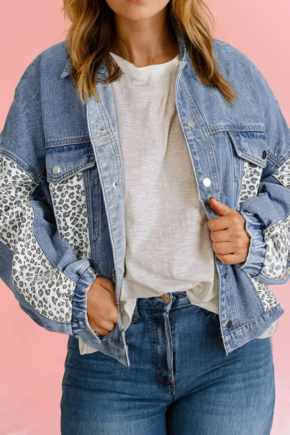 Plus Size Leopard Patchwork Flap Pocket Denim Jacket