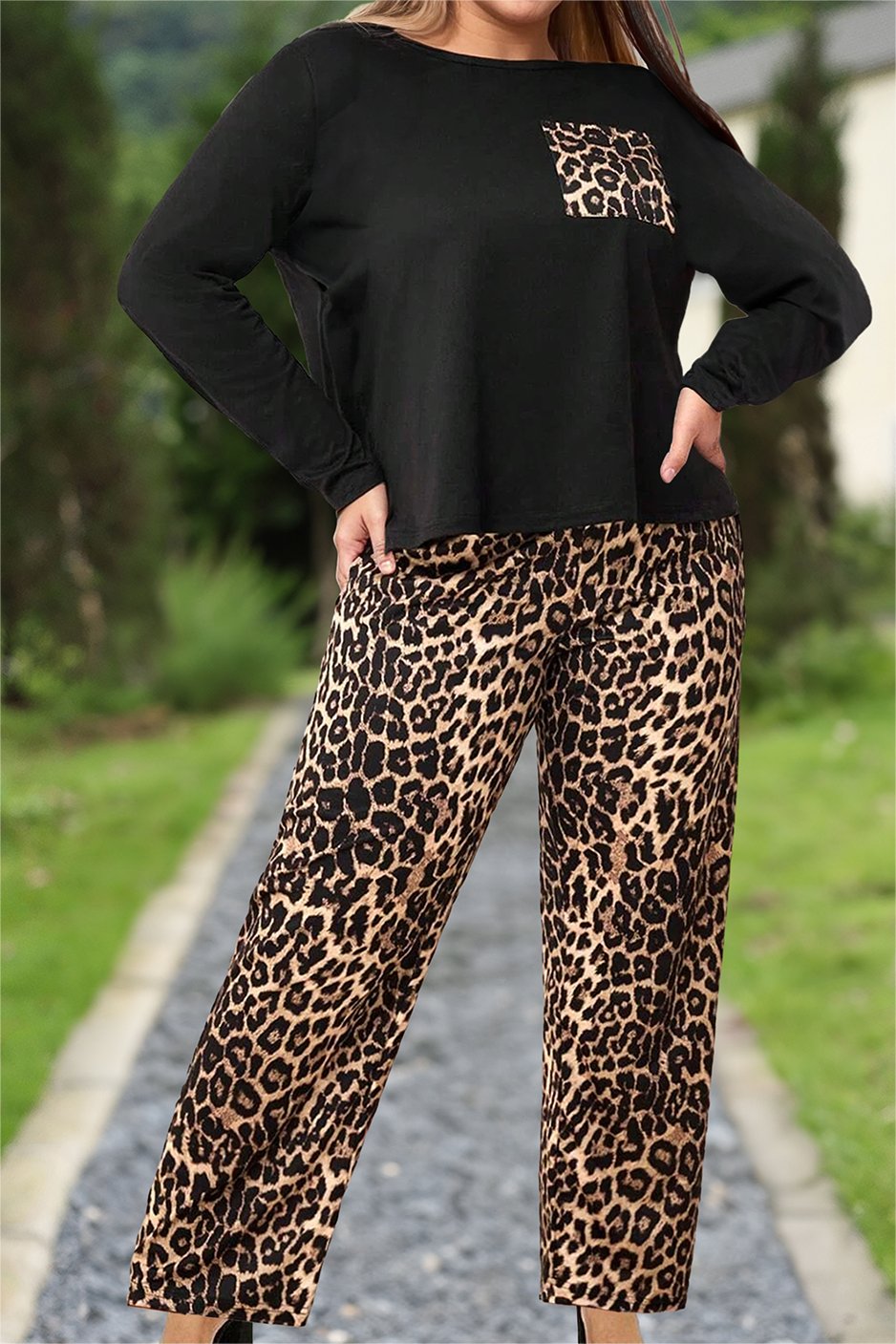 Plus Size Leopard Pocket Long Sleeve Top and Pants Set