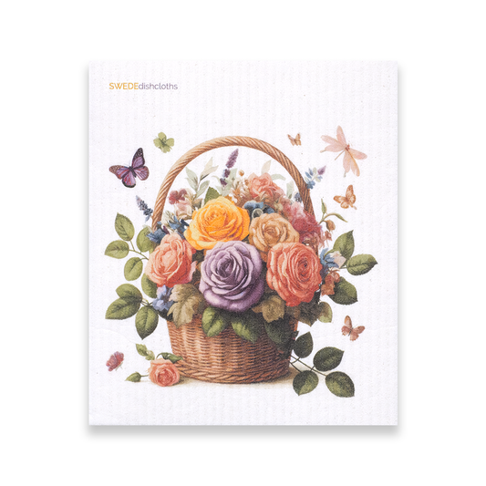 Swedish Dishcloth Roses in Basket