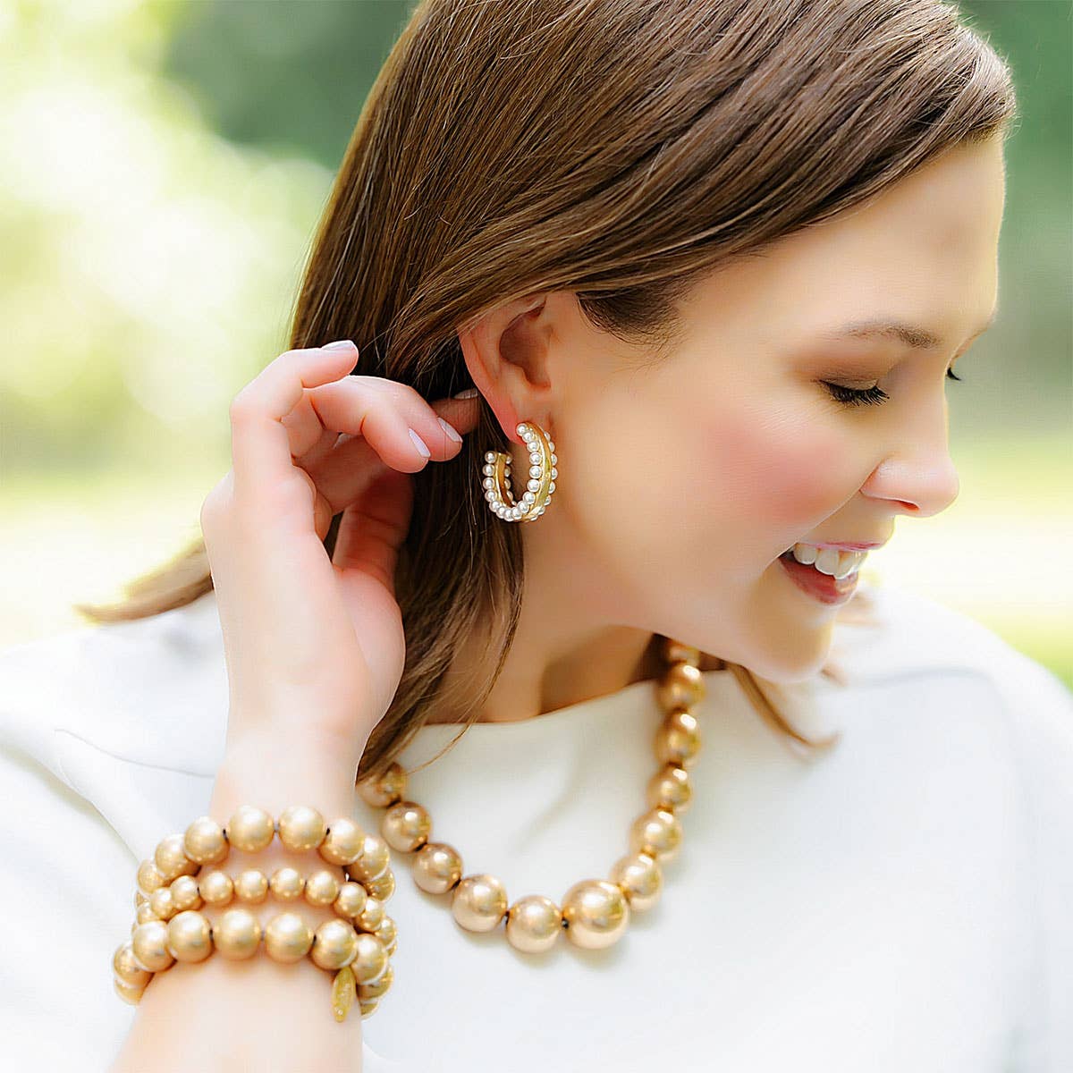 Ashlynn Pearl-Studded Hoop Earrings in Ivory