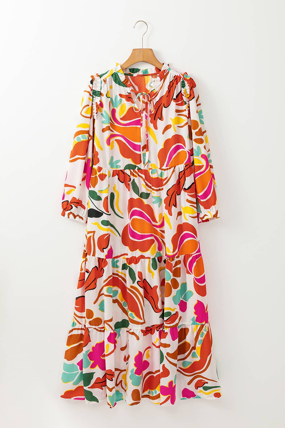 Floral Print Drawstring V Neck Tiered Plus Size Dress