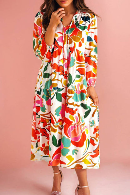 Floral Print Drawstring V Neck Tiered Plus Size Dress