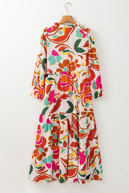 Floral Print Drawstring V Neck Tiered Plus Size Dress